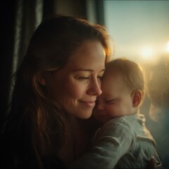Tender moment between mother and baby with natural sunlight glow