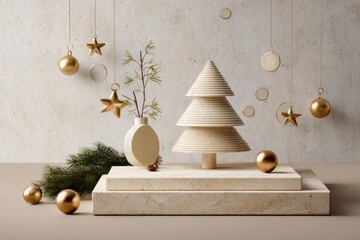 Obraz premium Minimalist display features stacked stone pedestals with stylized holiday decorations against a textured wall