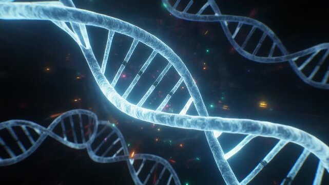 Photorealistic DNA double helix glowing with blue and silver light symbolizing genetics biotechnology evolution and the intricate beauty of life’s molecular code - Powered by Adobe
