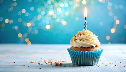 Single Birthday Cupcake with Candle Blue Bokeh Background, Close-up, Festive Treat, Birthday Celebration Birthday cupcake, bokeh