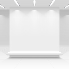 Empty interior supermarket, food market, shop showcase with shelves. 3D Render.