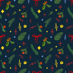 Seamless holiday doodle pattern with cute playful Christmas elements. fir branches, garlands, holly leaves, and festive bows on a dark background, perfect for wrapping paper and seasonal decor