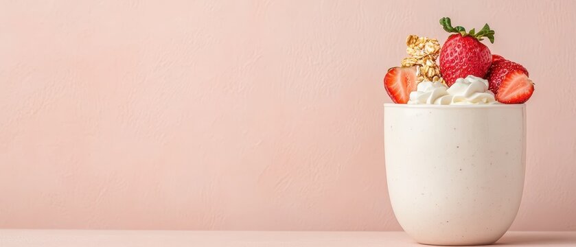 Creamy dessert with fresh strawberries and granola in a white cup on a pink background, close up view.
