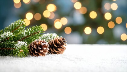 Snowy Pine Cones and Fir Branch with Bokeh Lights, Winter Holiday Scene, Christmas Decor Christmas, Winter
