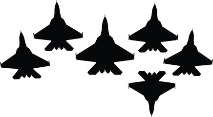 Fighter jets silhouette, aerial formation, military aircraft, top view, aviation concept, defense power, air force, strategic flight, sky patrol
