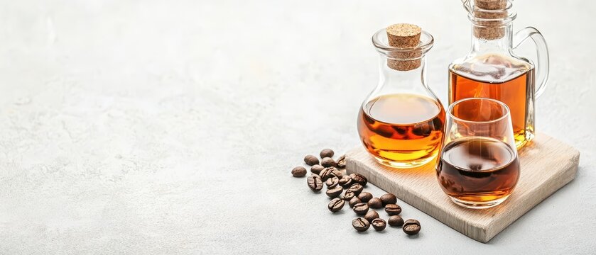 Glass bottles with amber liquid and coffee beans on a light textured surface.