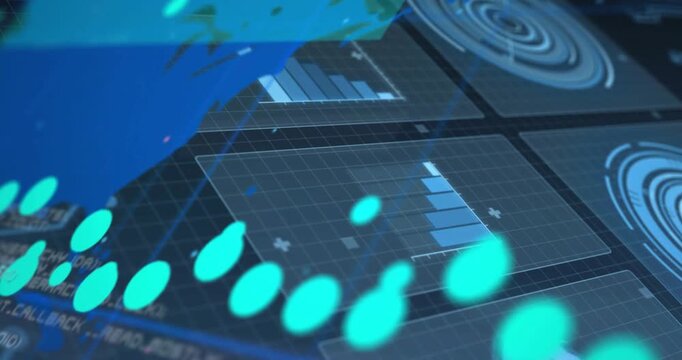 Grid panel appearing, HUD map sweeping, teal markers moving, numbers updating, showing trends