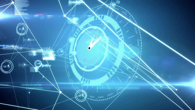On data pulse circular HUD rotating, sweeping hand emitting beams, mapping network data in 3D
