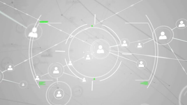 Green loader starting central HUD, spawning avatar nodes, linking outward, showing network growth