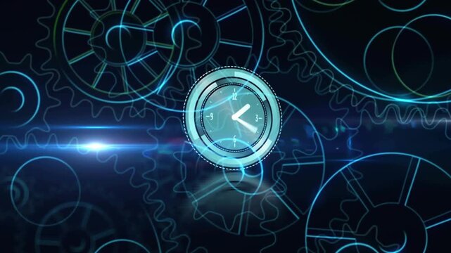 Lens flare starting glowing cyan clock lighting forming HUD rings, rotating gears for logo loop