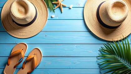 Summer Vacation Flatlay Straw Hats, Sandals, Palm Leaves on Blue Wood, Summer, Beach, Holiday Summer, Beach