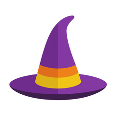 Purple witch hat with orange and yellow stripes