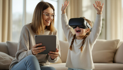 Virtual Reality: a mother and daughter experience the wonder of virtual reality technology at home. The little girl is completely immersed.