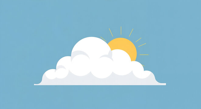 Flat Design Icon of a White Cloud Partially Covering a Bright Yellow Sun in a Blue Sky - Powered by Adobe