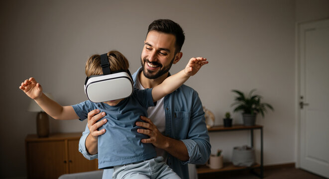 VR Exploration: Father and Son Experience Immersive World. The bond of father and son intertwines with technological innovation, as a young boy, immersed in a virtual reality headset.