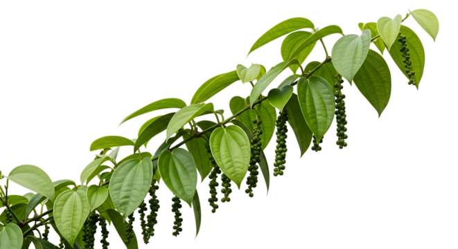 Green peppercorn vine, with hanging clusters and broad leaves, cutout, PNG isolated on white or transparent background