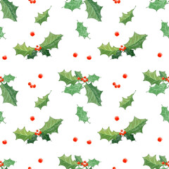 Seamless Christmas pattern, cute doodle holiday elements, holly, bows, fir branches, garlands, transparent background. wrapping paper, greeting cards, festive packaging, fabric print