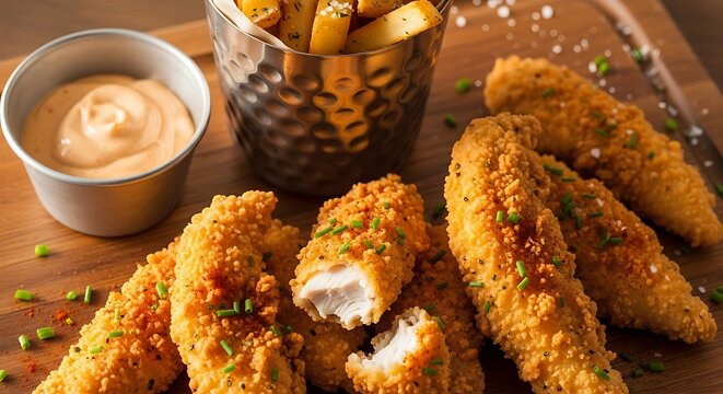 Crispy fried fish fingers with fries and dip