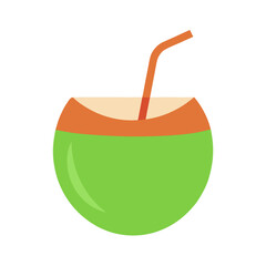 Refreshing green coconut drink with a straw on white background