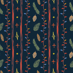Seamless holiday doodle pattern with cute playful Christmas elements. fir branches, garlands, holly leaves, and festive bows on a dark background, perfect for wrapping paper and seasonal decor