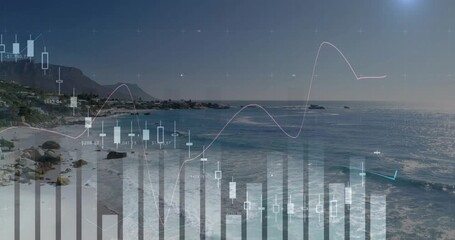 On update charts animating over coast, bars rising and candlesticks shifting showing market trends - Powered by Adobe