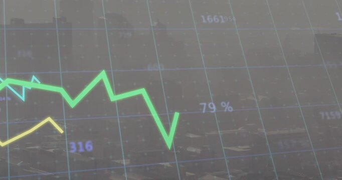 Grid appearing, green plot rising, peaking, falling, rebounding, oscillating, showing market trends