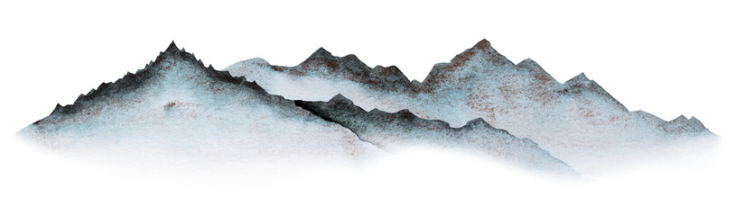 Watercolor illustration of panoramic view of the blue mountains, party design and winter wedding