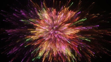 Two particles collide in a burst of radiant energy forming a vibrant explosion of light and color symbolizing quantum interaction, fusion, scientific discovery, and the essence of cosmic creation