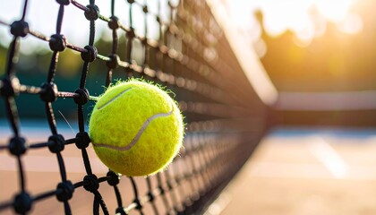 Tennis Ball in Net Close-up Composition, Golden Hour Lighting, Sport Concept, Tennis, Photography Tennis, Sports Photography