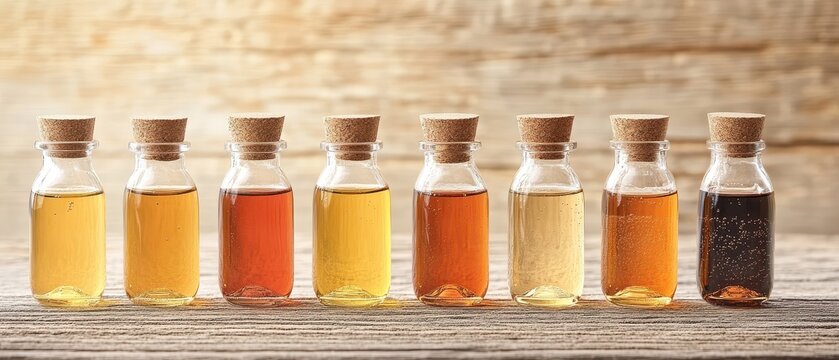 Seven glass bottles with corks holding amber liquids of varying shades lined up on a wooden surface.