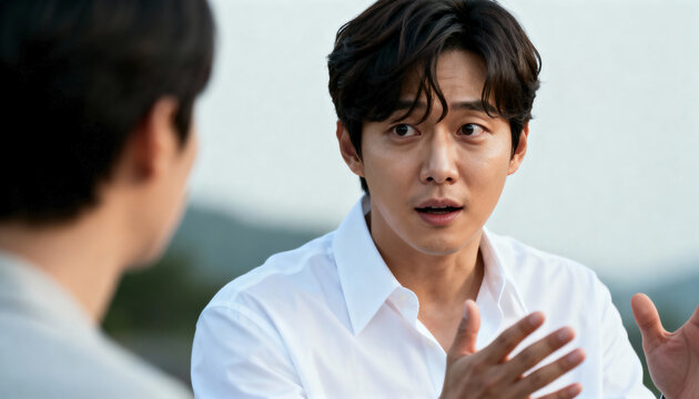 Serious asian man talking and gesturing during an intense conversation. Expressive korean businessman explaining an idea in a professional meeting - Powered by Adobe