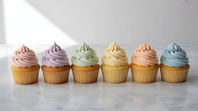 Illustration of a delightful row of six pastel frosted cupcakes on a clean white surface