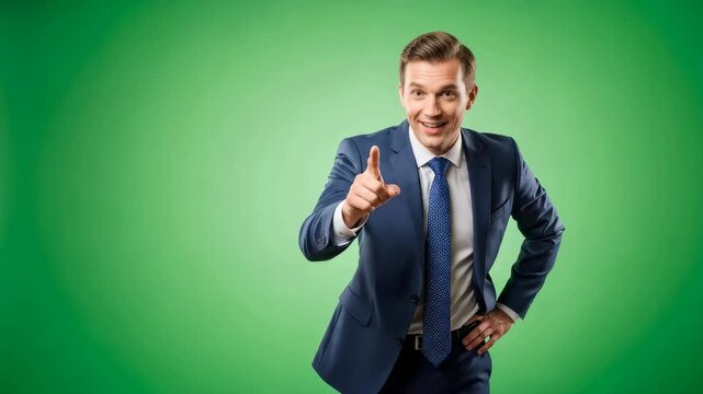 Caucasian man in blue suit adjusting tie and pointing, motion for chromakey background in corporate communication or presentation