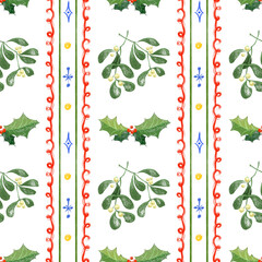 Seamless Christmas pattern, cute doodle holiday elements, holly, bows, fir branches, garlands, transparent background. wrapping paper, greeting cards, festive packaging, fabric print