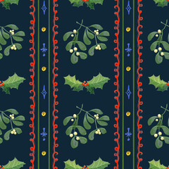 Seamless holiday doodle pattern with cute playful Christmas elements. fir branches, garlands, holly leaves, and festive bows on a dark background, perfect for wrapping paper and seasonal decor