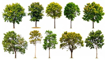 Twelve Green Trees Isolated on White Composition, Clipping Path, Nature, Foliage tree collection, green trees