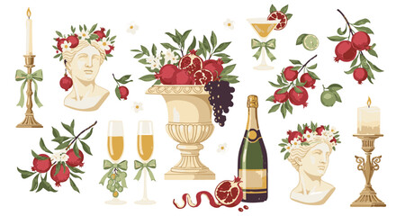 A beautifully curated still-life arrangement features a festive array of decorative elements: a classical bust crowned with floral, accompanied by ornate candles and glasses, with a vase of fruit.