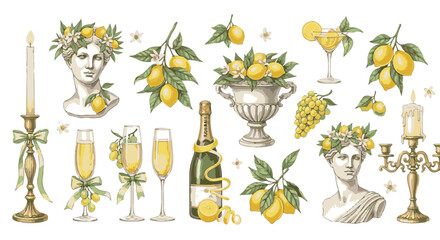 A still life of elegance and refreshing beverage, featuring an arrangement of drinks, and elements to compose a refined scene.