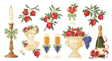 An artistic illustration captures a romantic still life with elements of classical beauty. It features candle, fruit, and classical sculpture. 