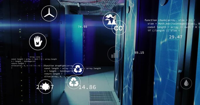 Rack aisle detecting alert, activating overlays, icons shifting, updating metrics for monitoring