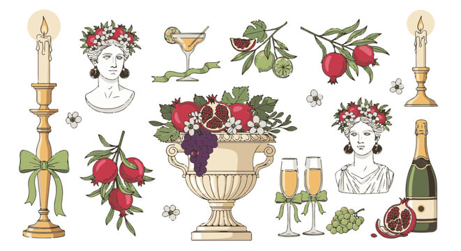 Vintage illustration elements. Hand drawn botanical and culinary illustrations, artfully arranged on a clean backdrop, offer a delightful glimpse into the world of celebratory occasions.