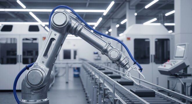 Industrial robotic arm on a factory assembly line. Automated manufacturing and production with a conveyor belt