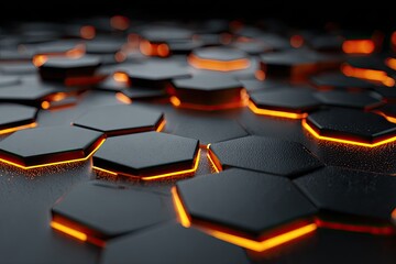 Close-up view of a dark, hexagonal surface.  Glowing orange highlights the edges of each hexagon.  Dark background emphasizes the texture