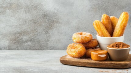 Golden fried churros and sweet sugar coated mini donuts with cinnamon and rich caramel sauce arranged on a wooden board.