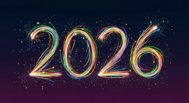 Vibrant display of 2026 with colorful light trails and sparkling fireworks on dark backdrop