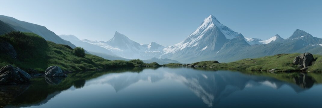Majestic snow-capped mountains reflecting in serene lake under clear sky - Powered by Adobe
