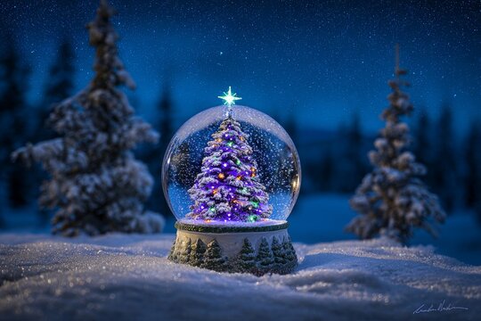 Illuminated miniature tree inside a glass sphere rests on a snowy surface under a starlit night sky