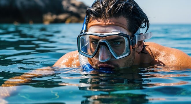 A handsome man wearing a snorkel mask looks at the camera from the sea. Close-up of a diver on a summer vacation. Water sports and adventure travel concept