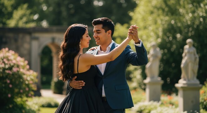 Elegant young couple dancing in a formal garden. Man and woman in formal wear share a romantic moment outdoors. Love and celebration concept