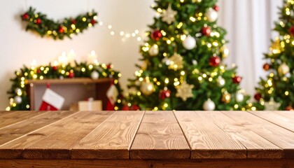 Wooden Table with Blurred Christmas Tree Background, Christmas Decor, Festive Season Christmas, Holiday, Winter